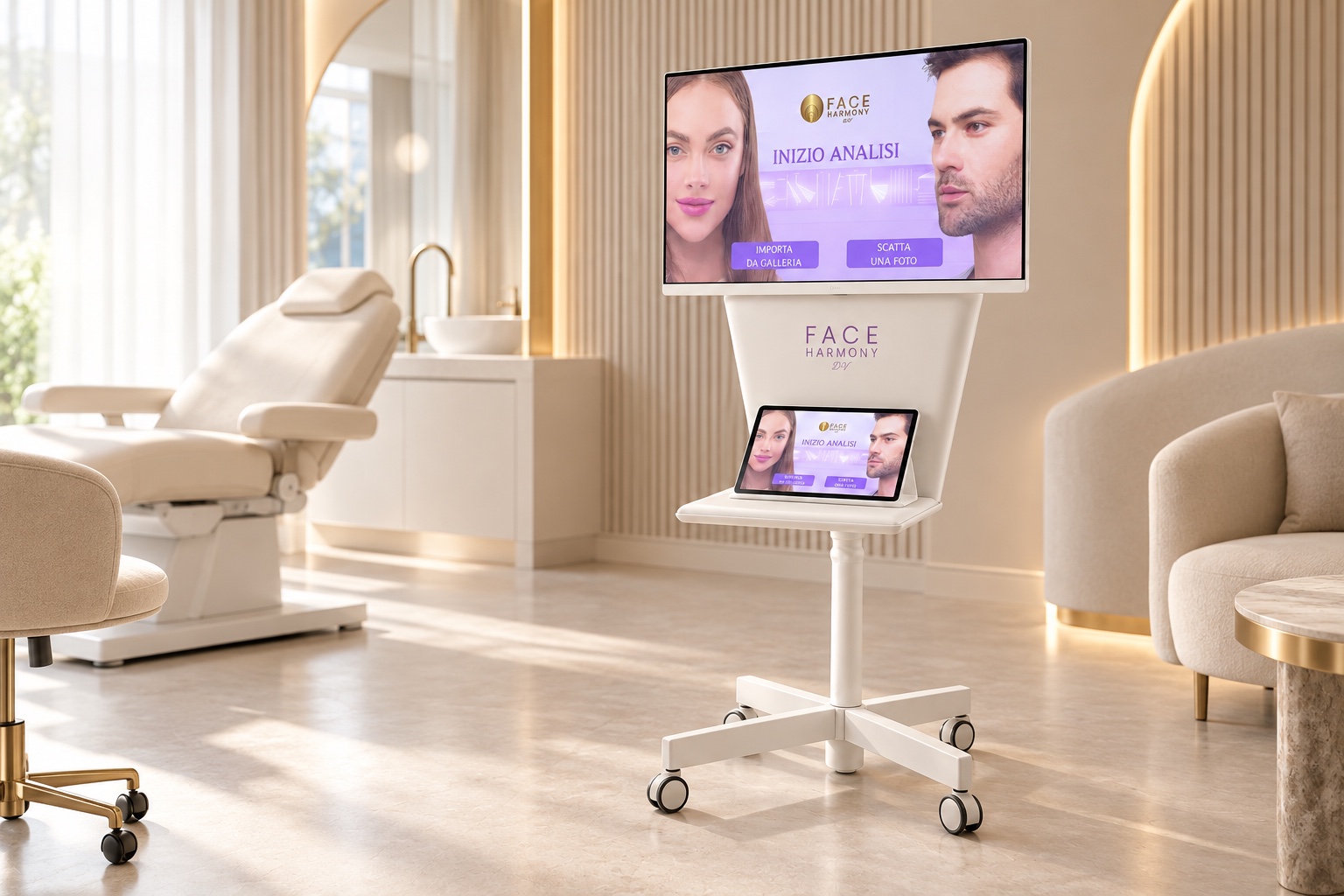 Face Harmony DV in una cabina beauty, con tablet console e base su ruote