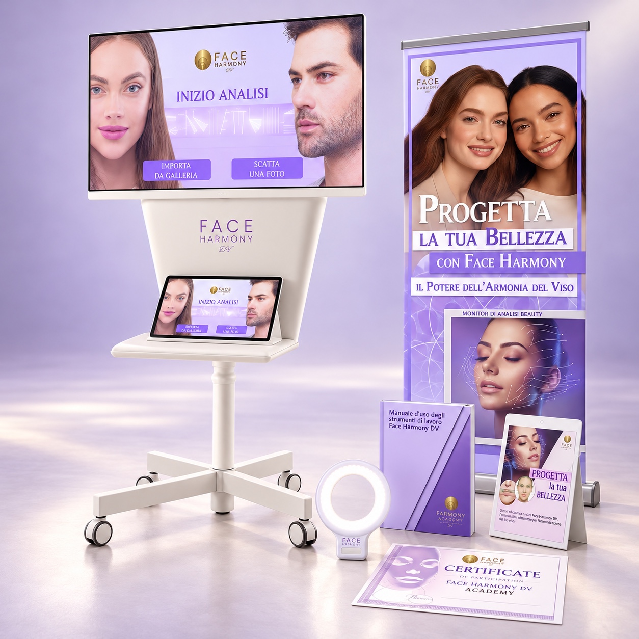 Sistema completo Face Harmony DV su fondo lavanda: dispositivo con tablet console, cartellonistica, certificato e luce LED