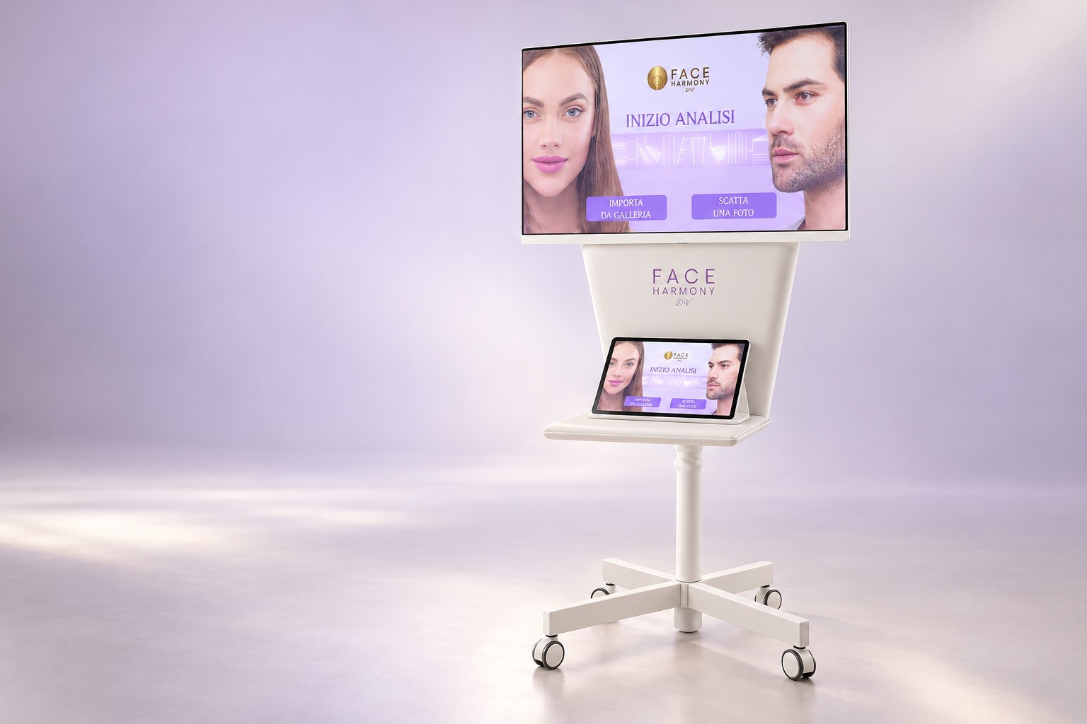Face Harmony DV su fondo lavanda, con corpo bianco uniforme, tablet console e dispositivo intero
