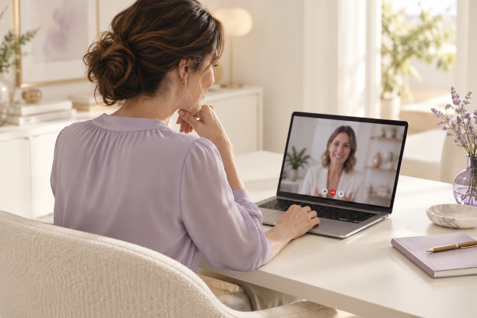 Ambientazione illustrativa di una cliente in videochiamata per una consulenza beauty online