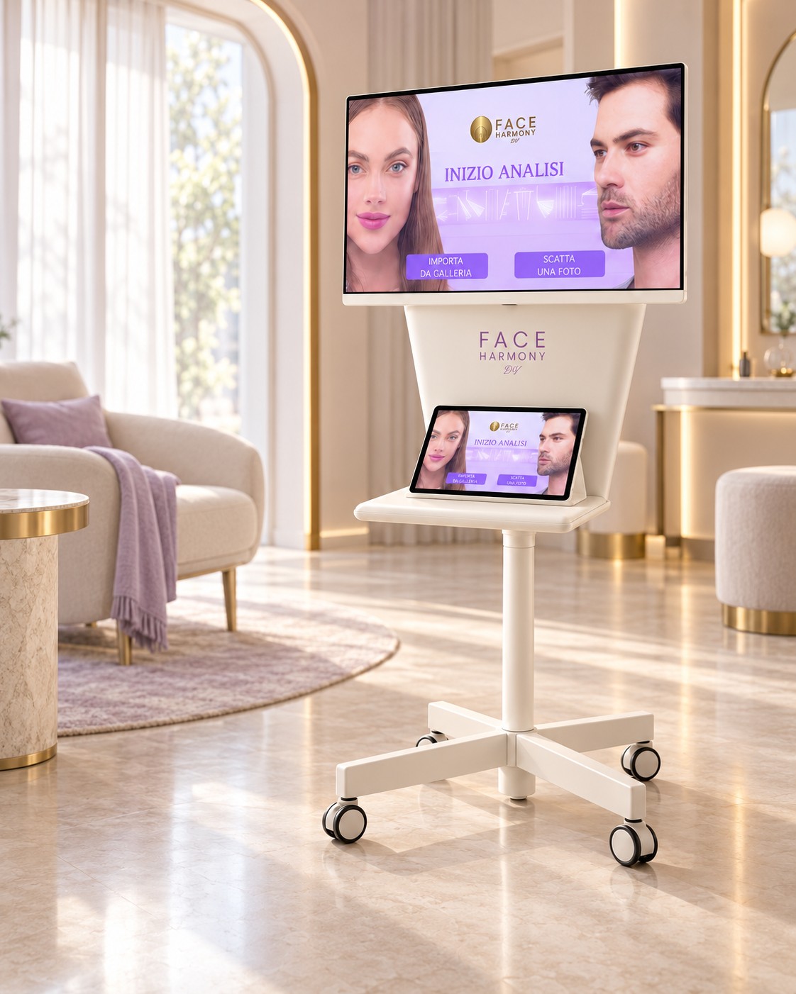 Nuovo Face Harmony DV completo di monitor, tablet console e base su ruote in un ambiente avorio e lavanda
