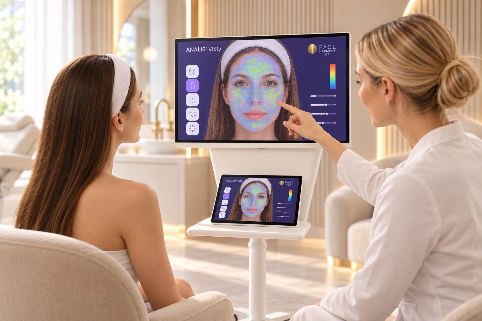 La professionista illustra la mappa di analisi viso sul nuovo dispositivo Face Harmony DV e sul tablet console