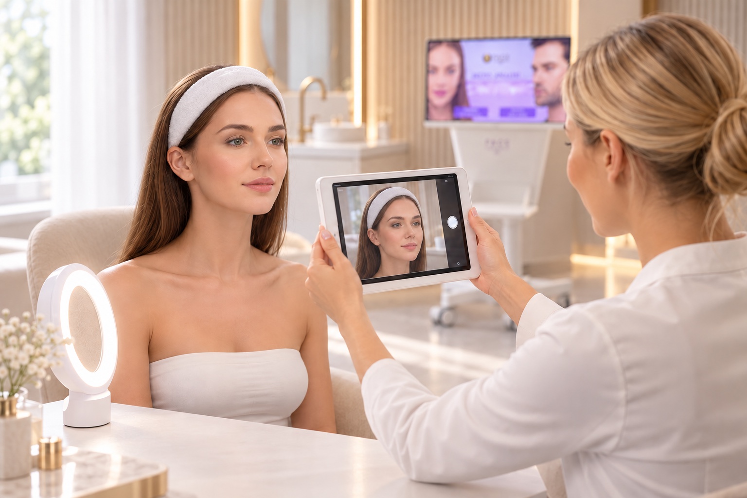 La professionista acquisisce il volto della cliente con il tablet e la luce LED Face Harmony DV