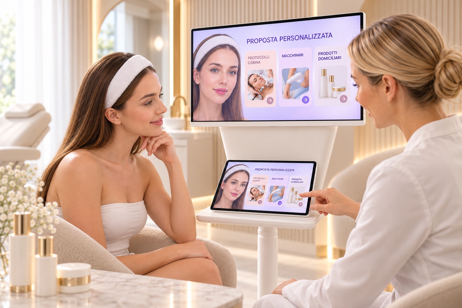 La professionista presenta alla cliente una proposta personalizzata di protocolli, macchinari e prodotti domiciliari