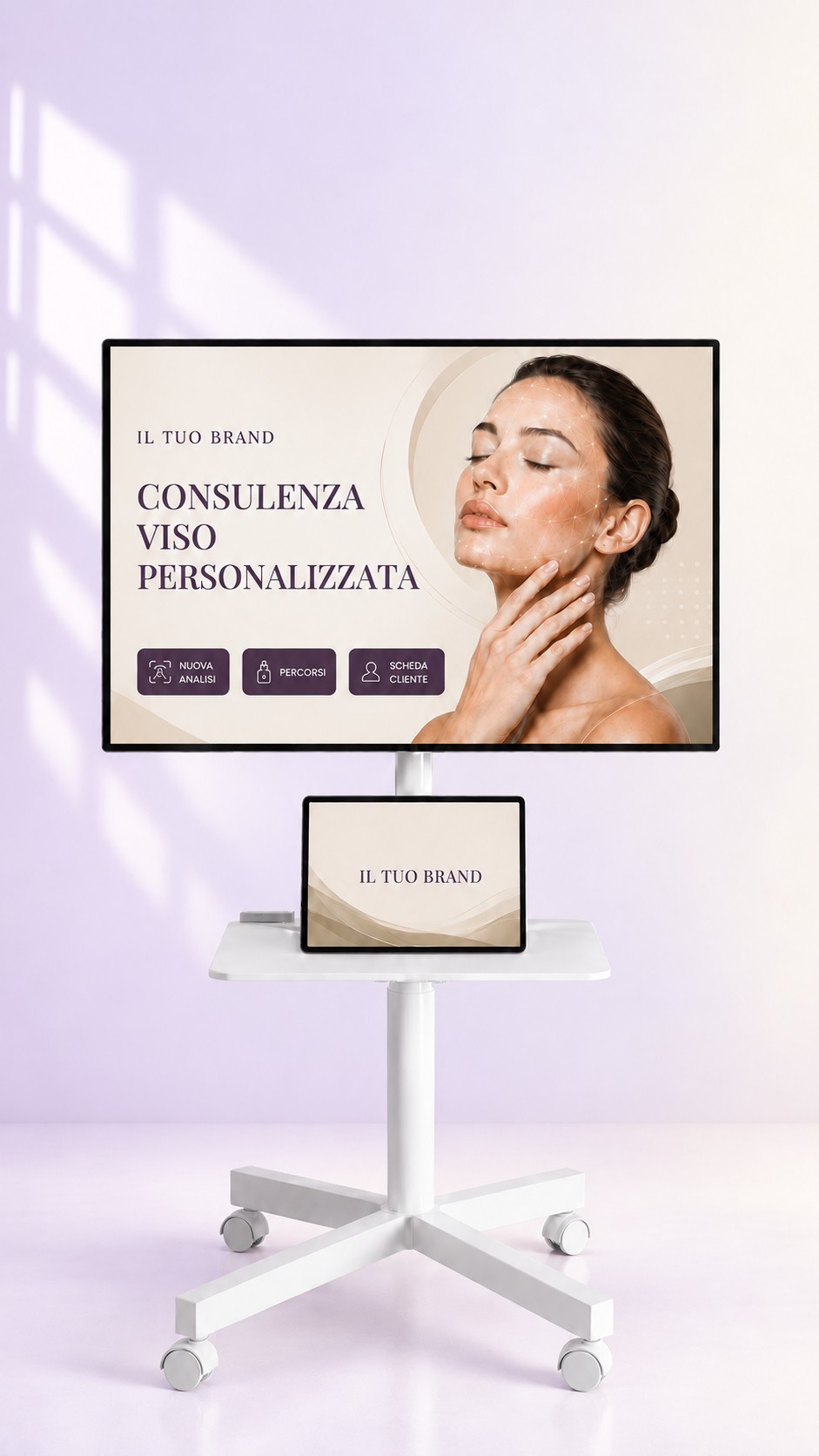 Dispositivo Face Harmony DV intero, con tablet console e schermate illustrative del brand cliente, su fondo lavanda