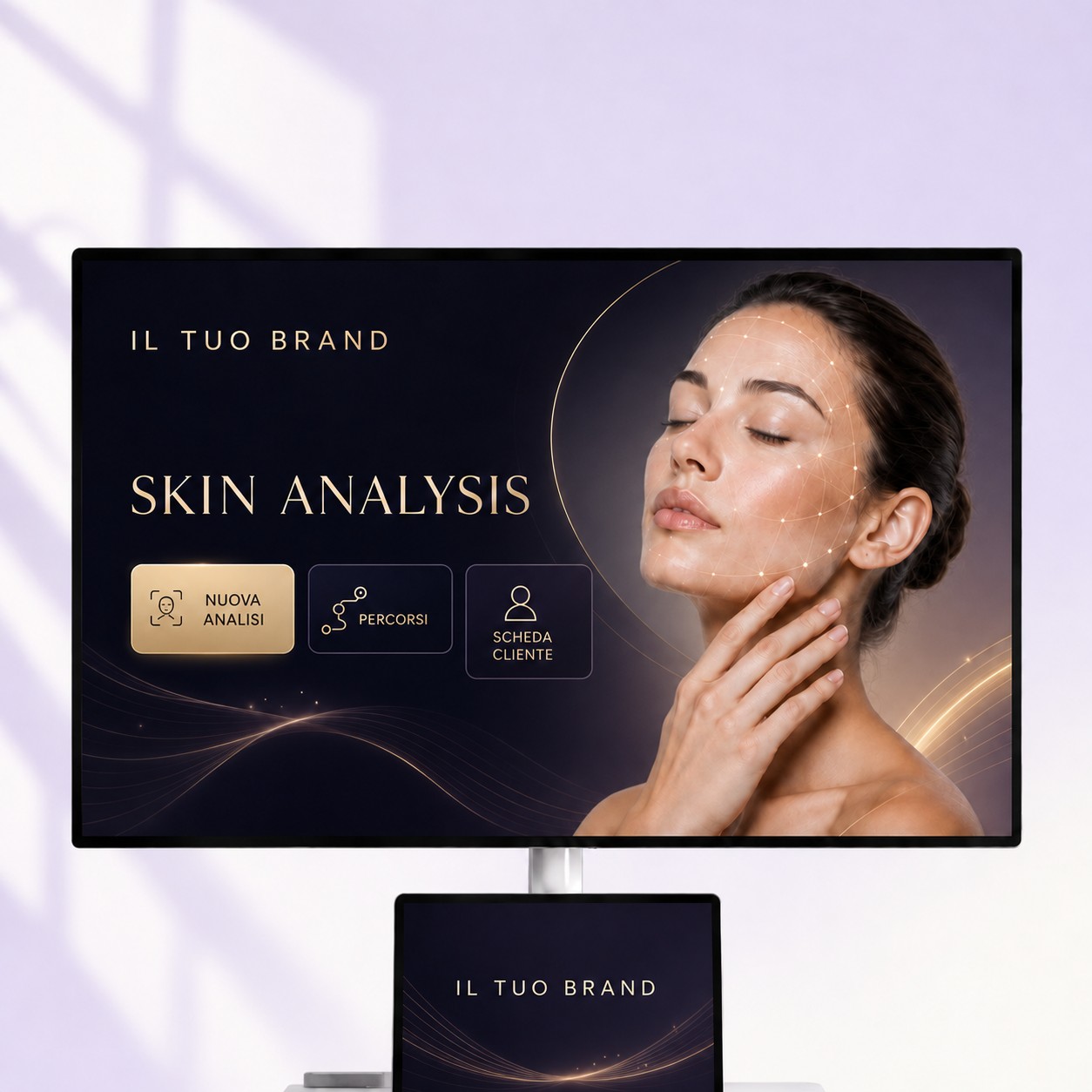 Esempio illustrativo di interfaccia White Label Face Harmony DV con schermata Skin Analysis e tablet, su sfondo lavanda